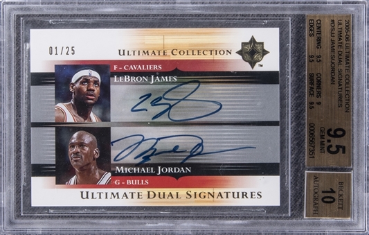 2005-06 Ultimate Collection Dual Signatures #DSJJ LeBron James/Michael Jordan Dual Signed Card (#01/25) - BGS GEM MINT 9.5/BGS 10